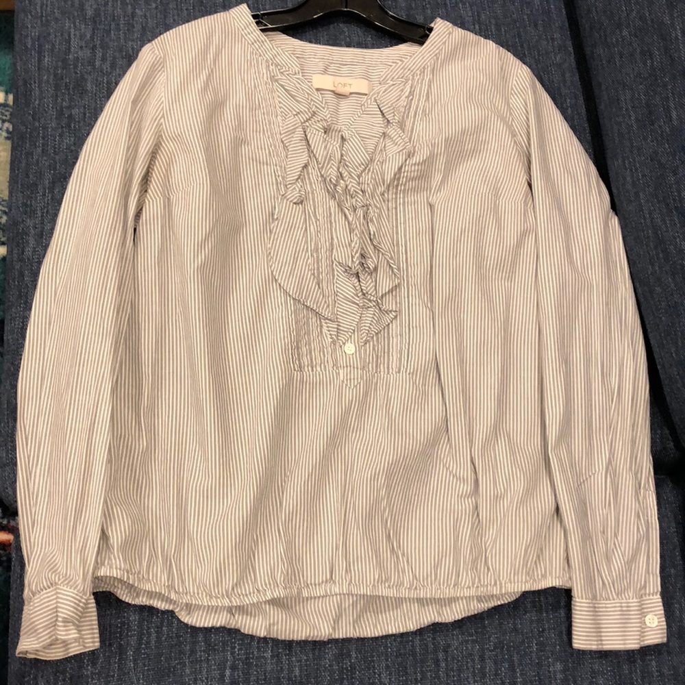 Loft grey blouse w/ ruffle bib